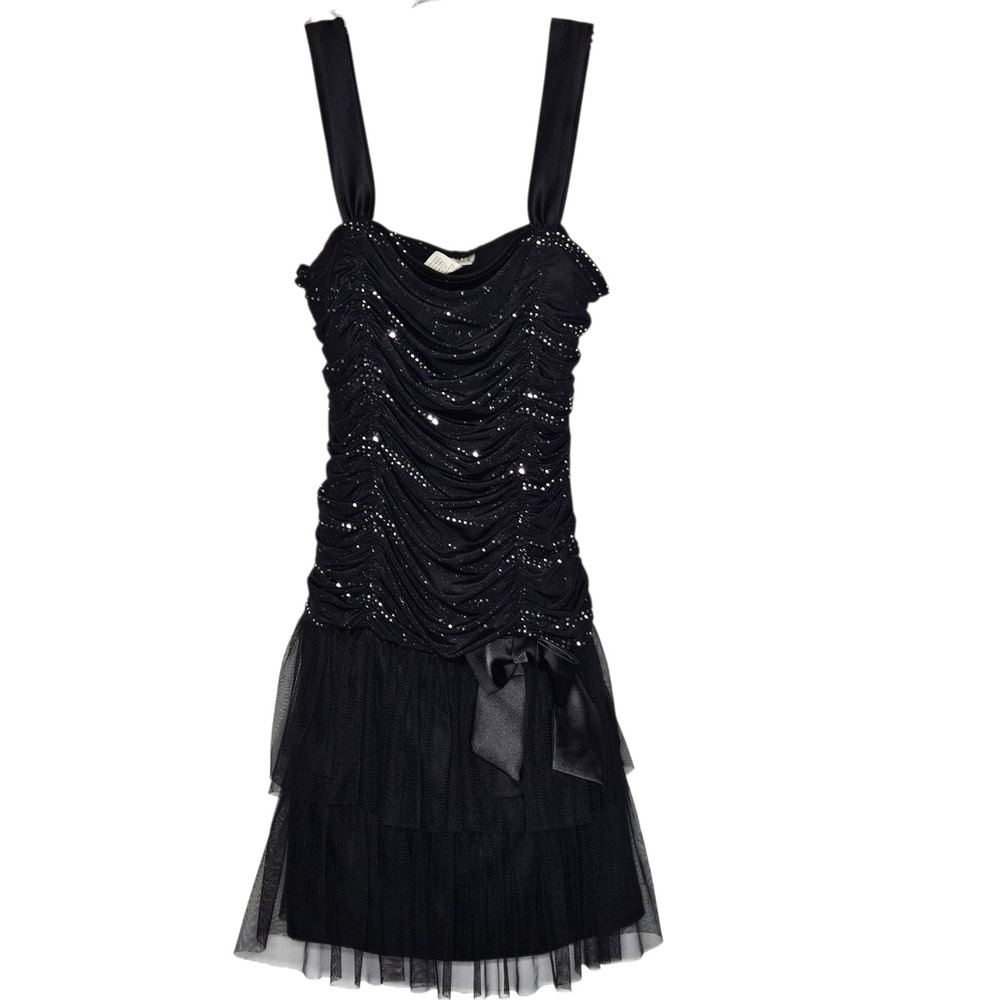 Black Sequin Party Dress Sleeveless Bow Tulle S 90s Y2K Dark Whimsigoth Skater